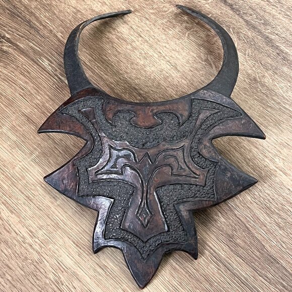 Vintage Leather Breastplate Choker Engraved Necklace Statement Piece African - Picture 1 of 14